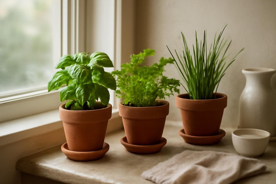 Windowsill with small pots of basil, parsley and chives in a cozy kitchen corner