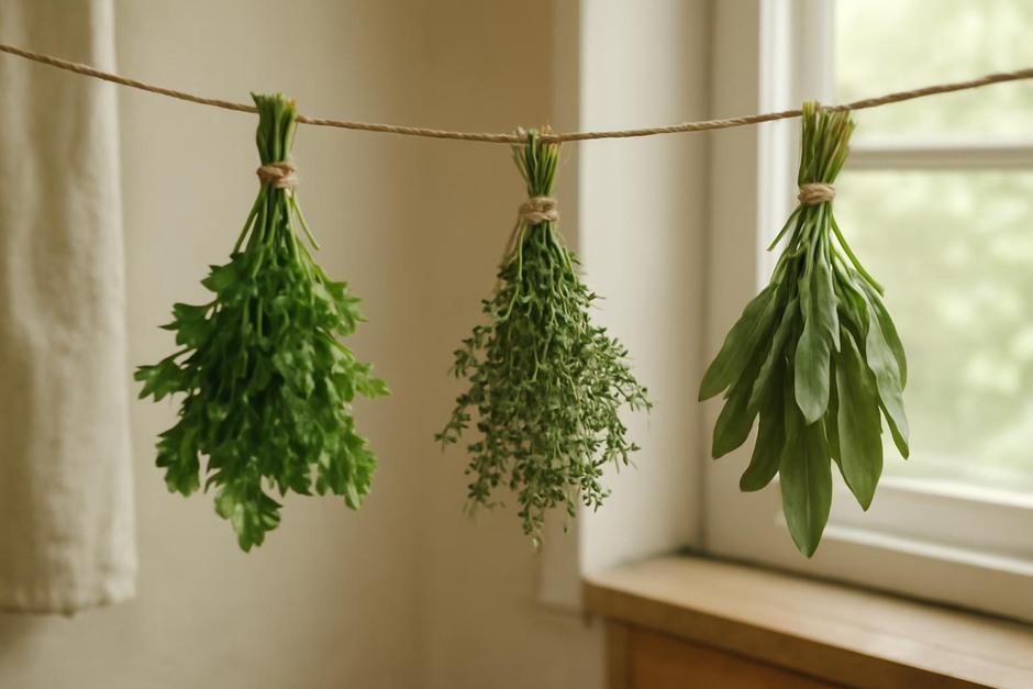Bundled kitchen herbs hanging to dry in a light-filled room