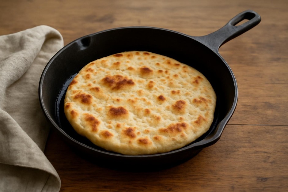 Cast-iron skillet with a golden flatbread