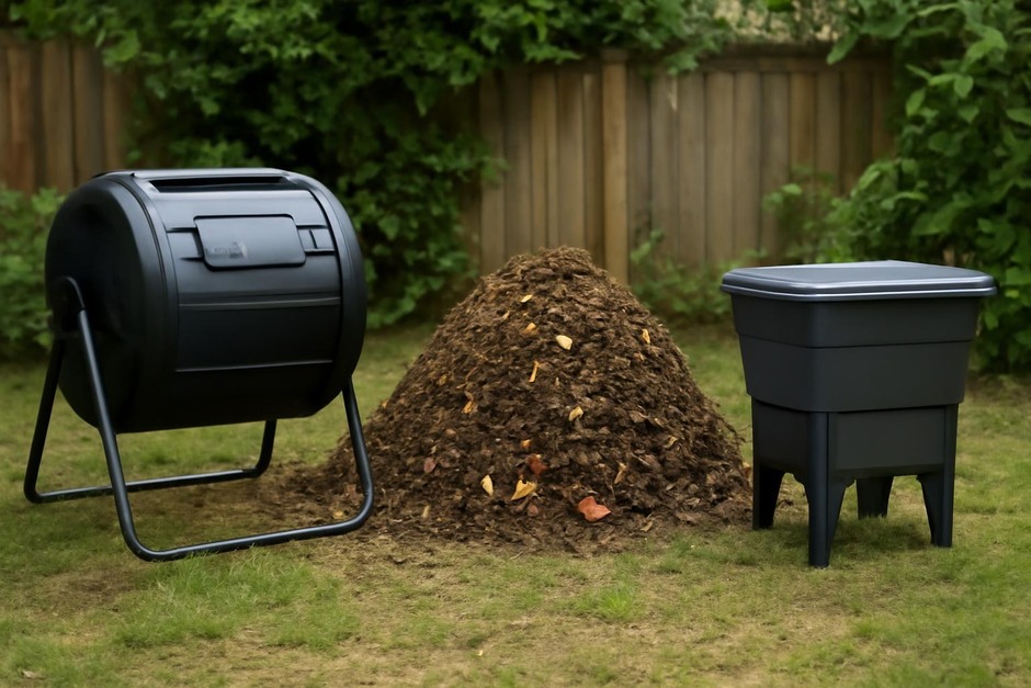 Three composting setups: a tumbler, an outdoor hot compost pile, and a worm bin
