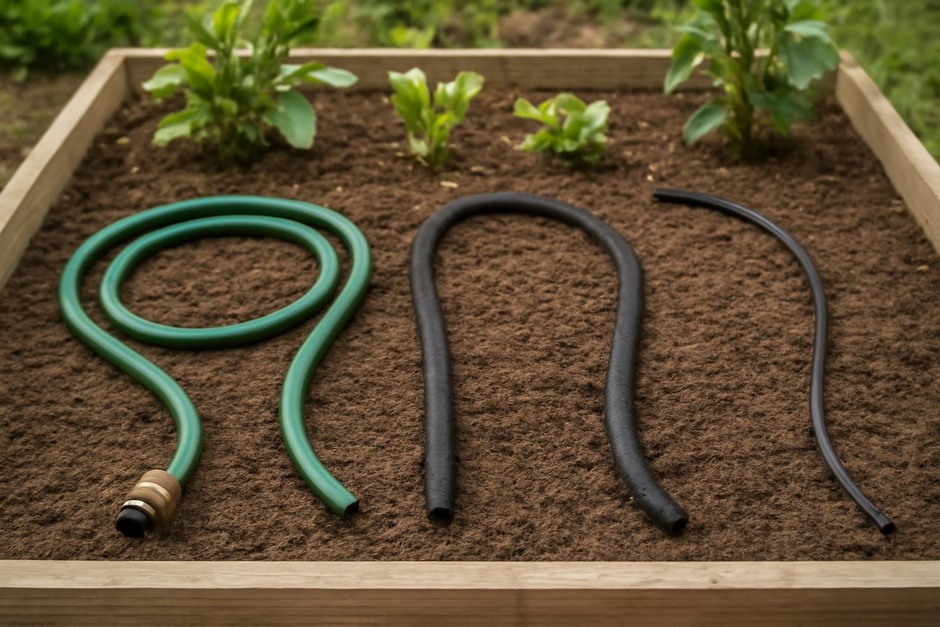 Garden hose, soaker hose and drip tubing laid out on a raised bed